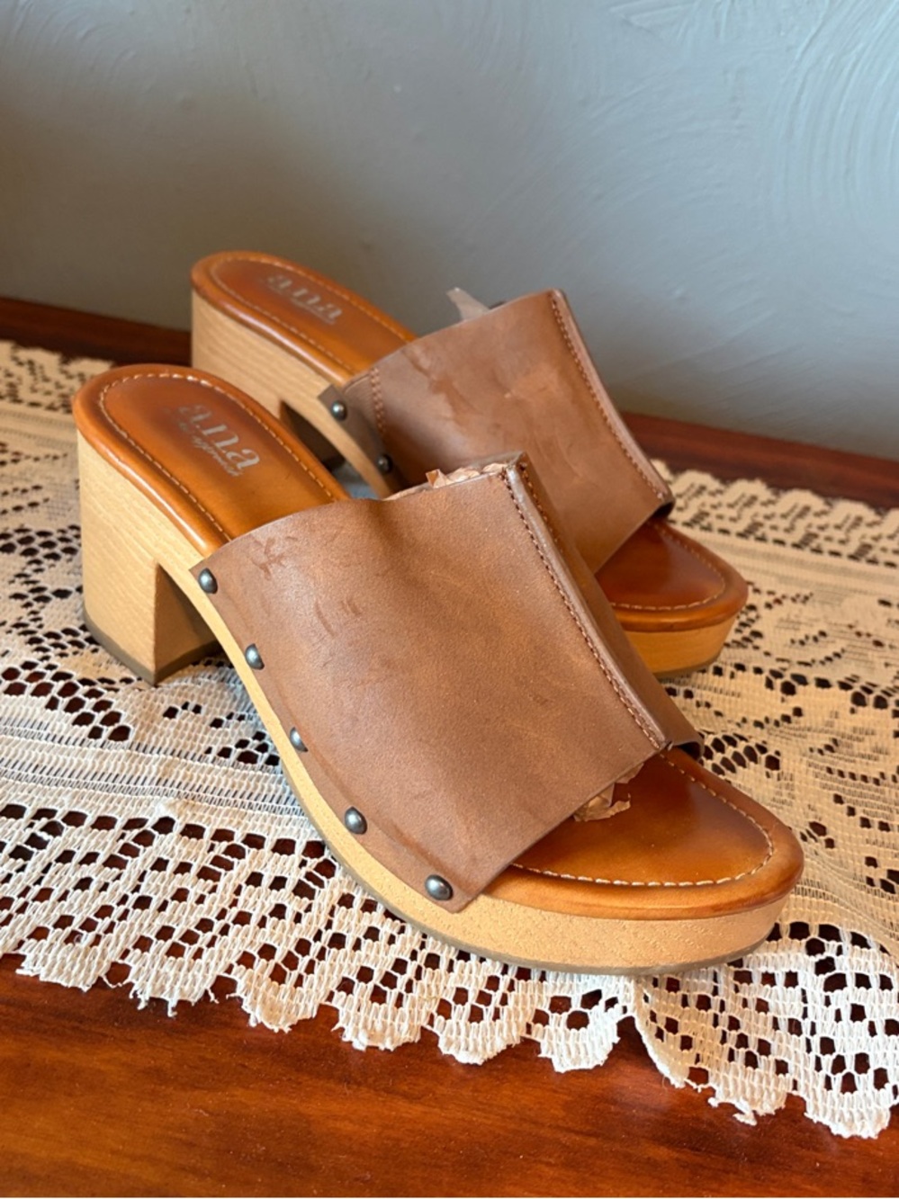 a.n.a Tan Leather Block Heel Clog Mules